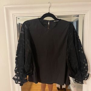 Zara Black Poplin Puff Sleeve Top